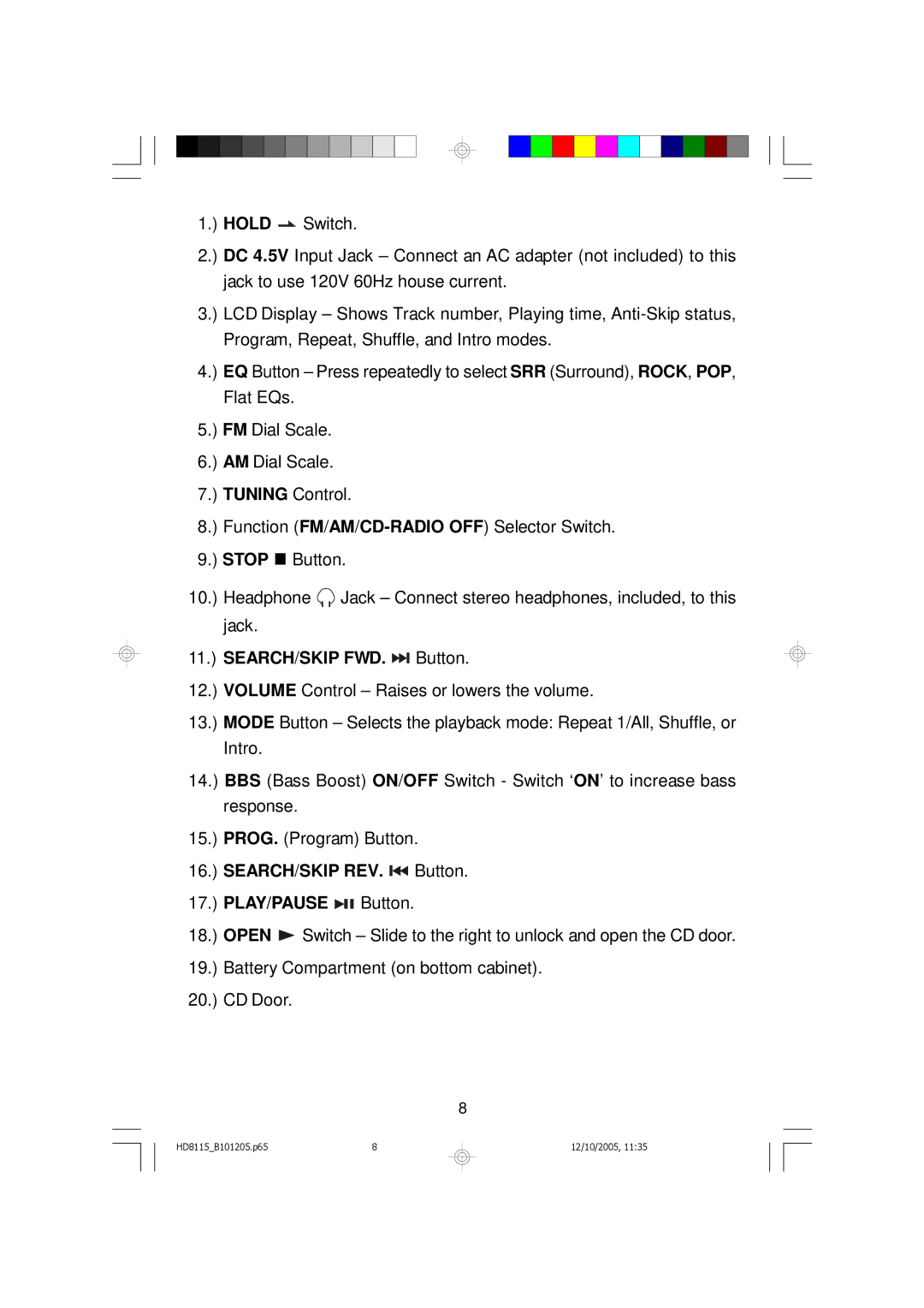 Emerson HD8115 owner manual SEARCH/SKIP FWD. Button, Search /SKIP REV. Button, PLAY/PAUSE Button 