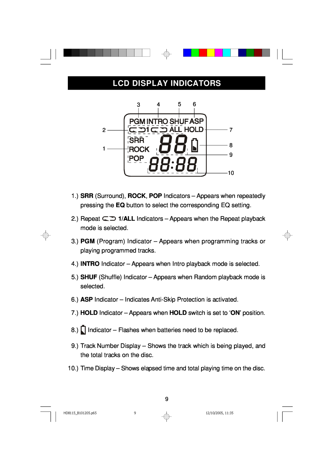 Emerson owner manual Lcd Display Indicators, HD8115_B101205.p65, 12/10/2005, 11:35 