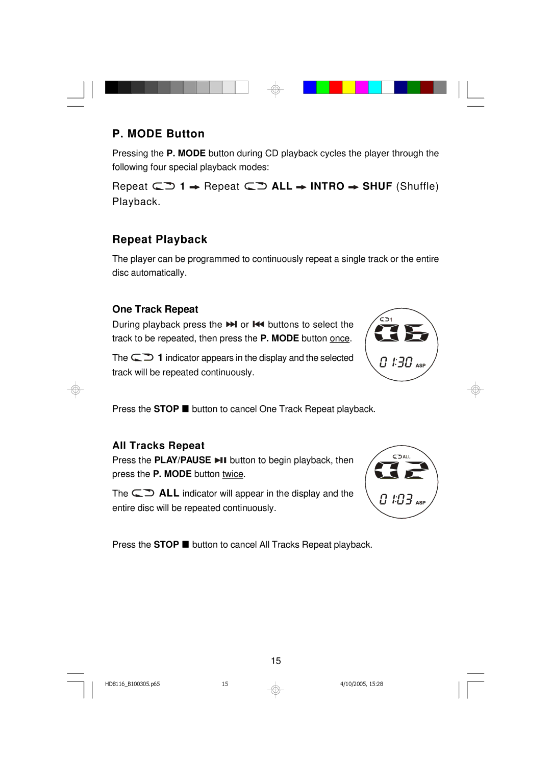 Emerson HD8116 owner manual Mode Button, Repeat Playback, One Track Repeat, All Tracks Repeat 