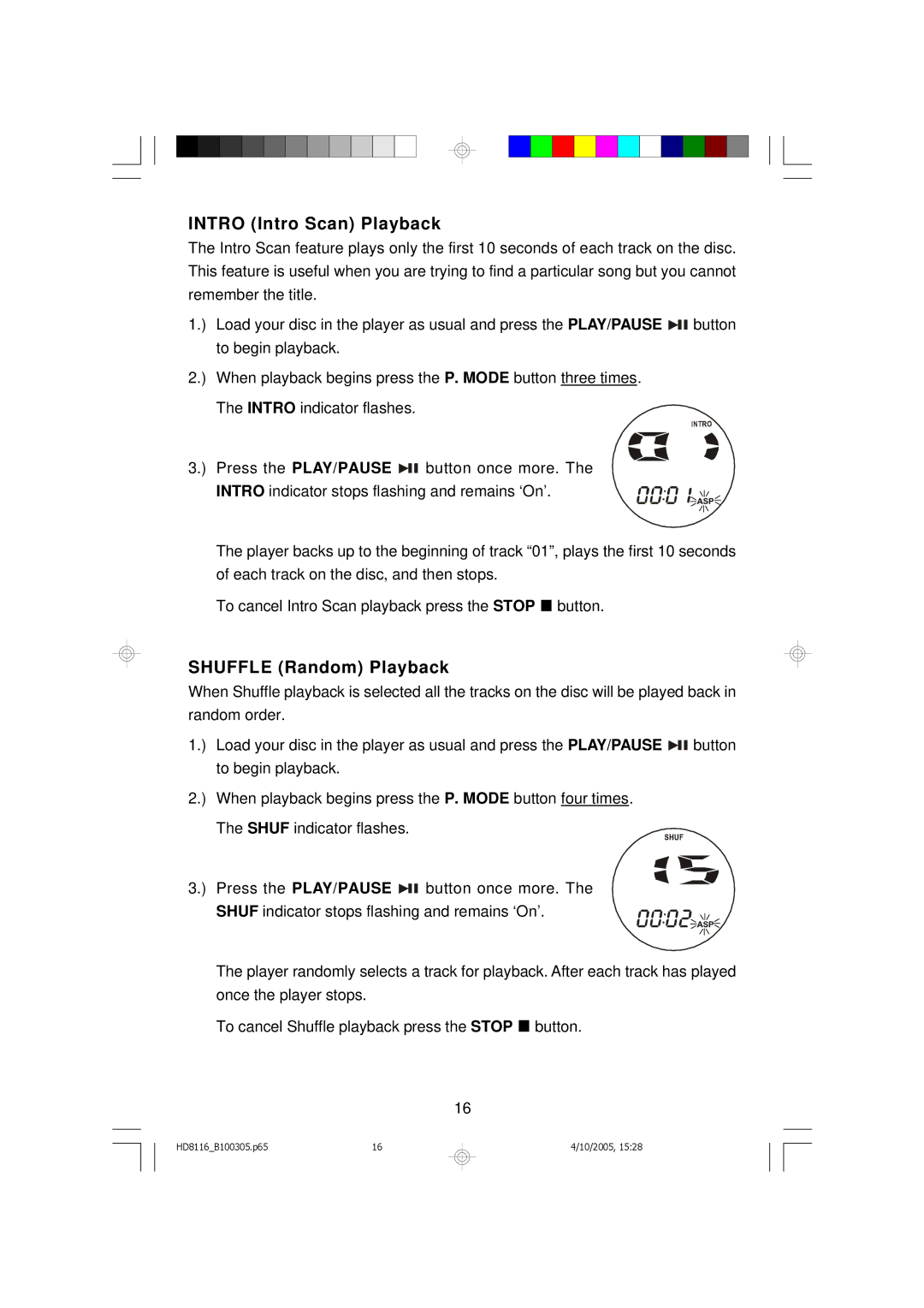 Emerson HD8116 owner manual Intro Intro Scan Playback, Shuffle Random Playback 