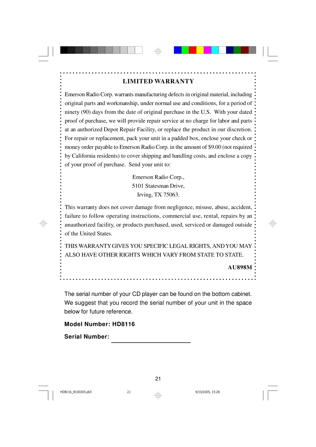 Emerson owner manual Limited Warranty, Model Number HD8116 Serial Number 