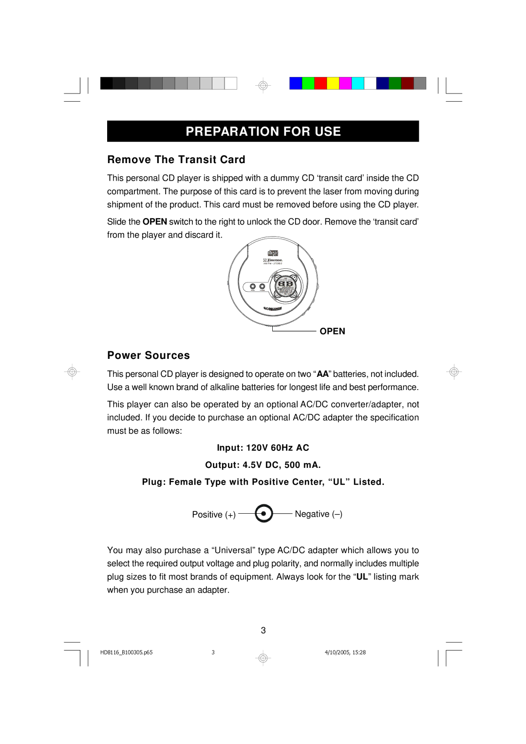 Emerson HD8116 owner manual Preparation for USE, Remove The Transit Card, Power Sources 