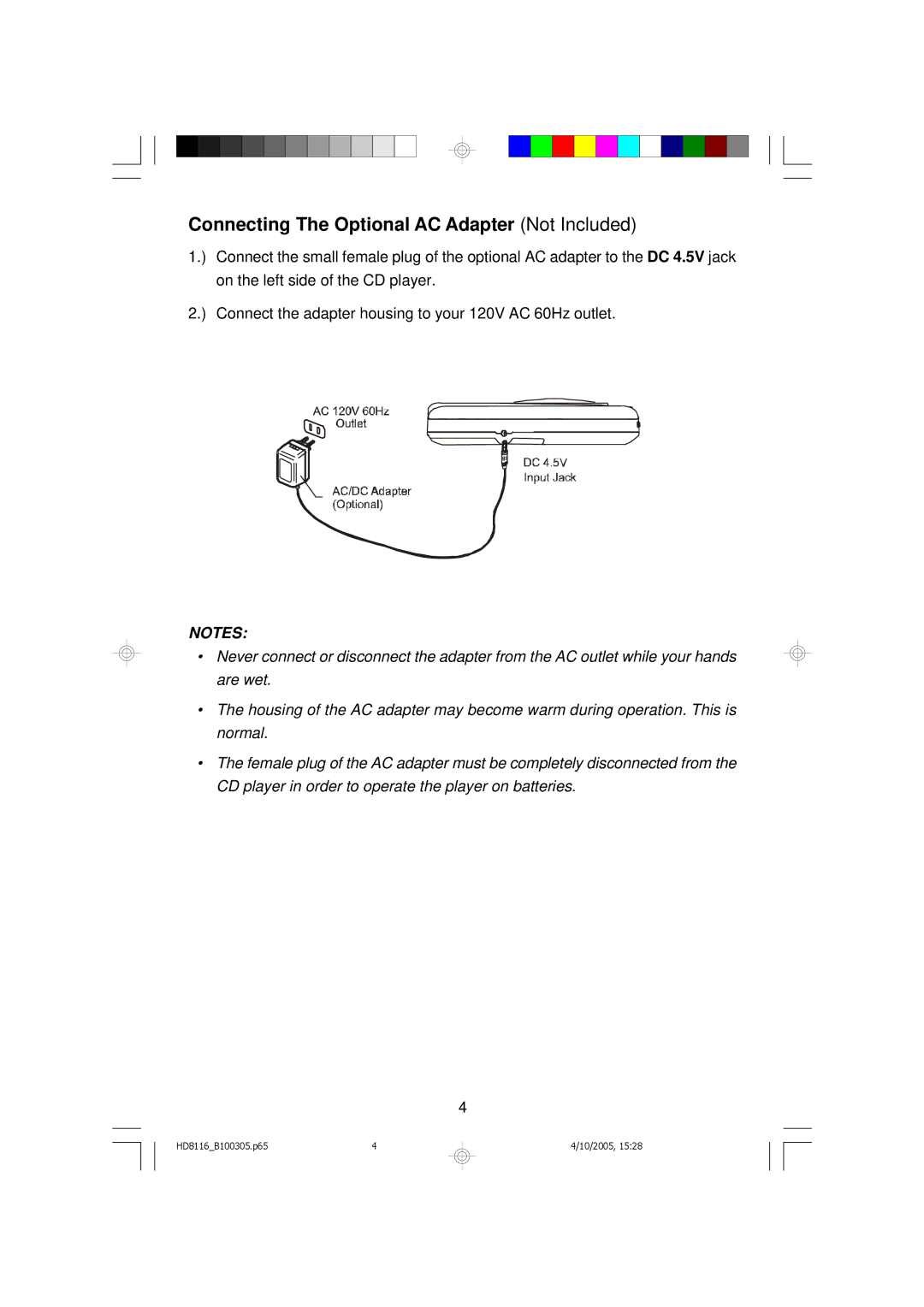 Emerson HD8116 owner manual Connecting The Optional AC Adapter Not Included 