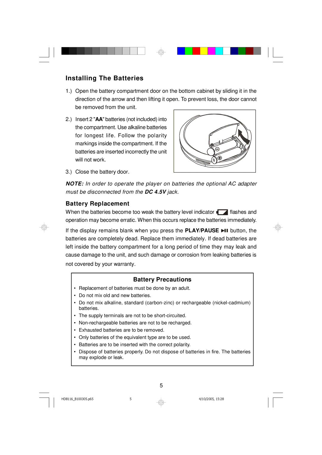 Emerson HD8116 owner manual Installing The Batteries, Battery Replacement, Battery Precautions 