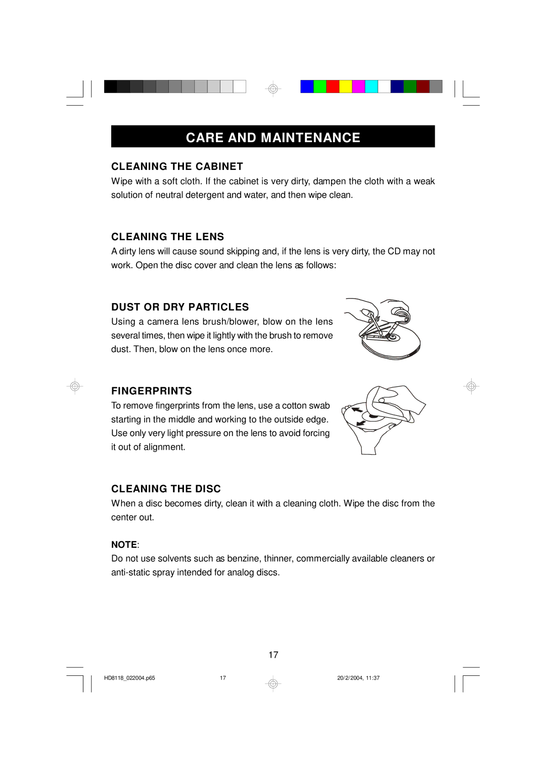 Emerson HD8118 owner manual Care and Maintenance, Cleaning the Cabinet 