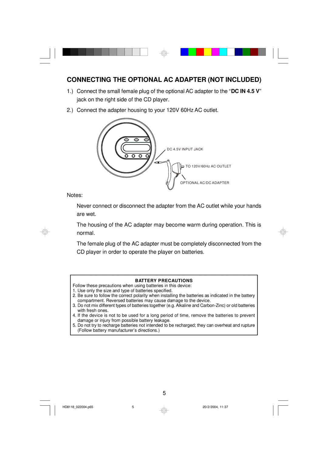 Emerson HD8118 owner manual Connecting the Optional AC Adapter not Included 