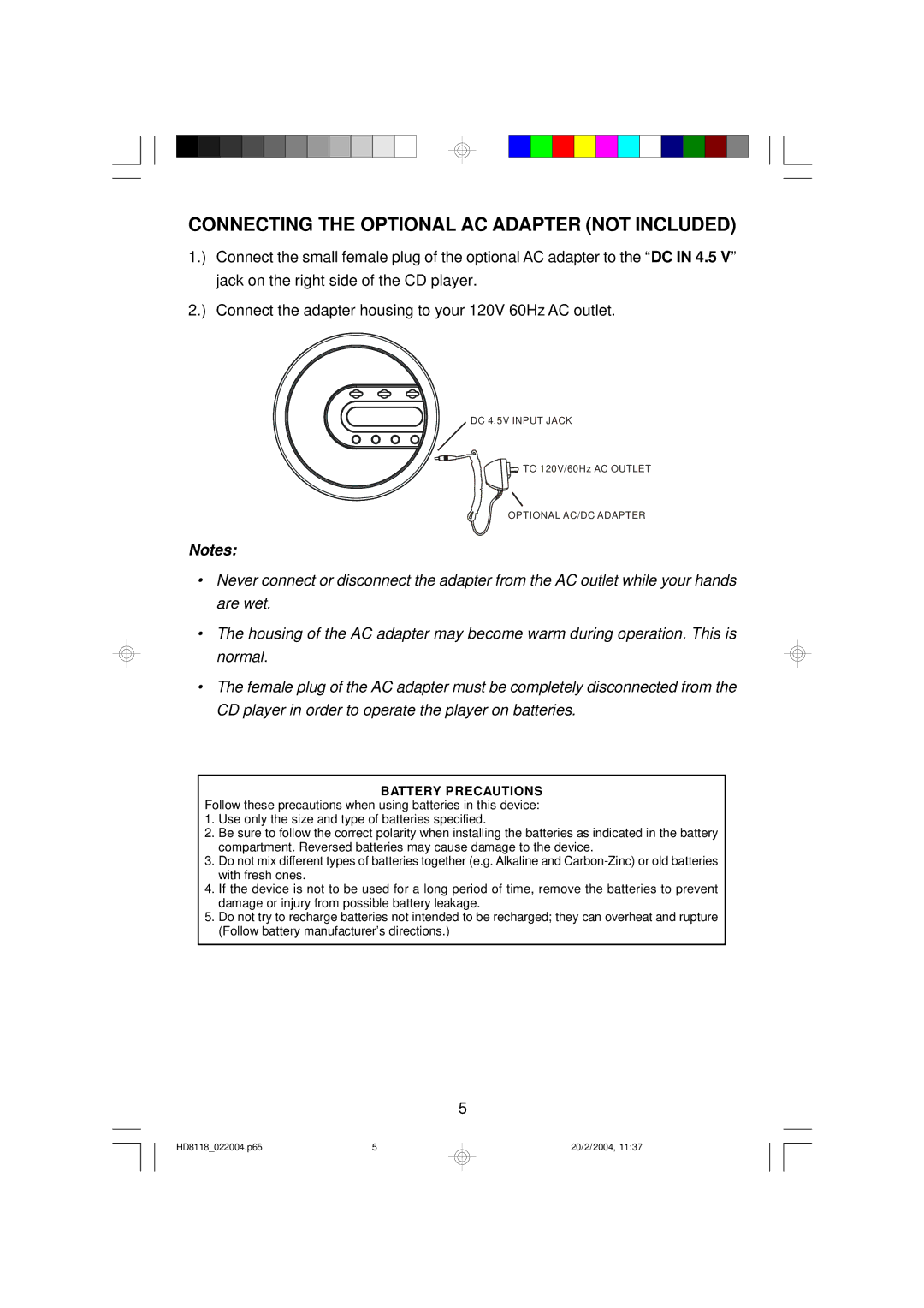 Emerson HD8118 owner manual Connecting the Optional AC Adapter not Included, Battery Precautions 