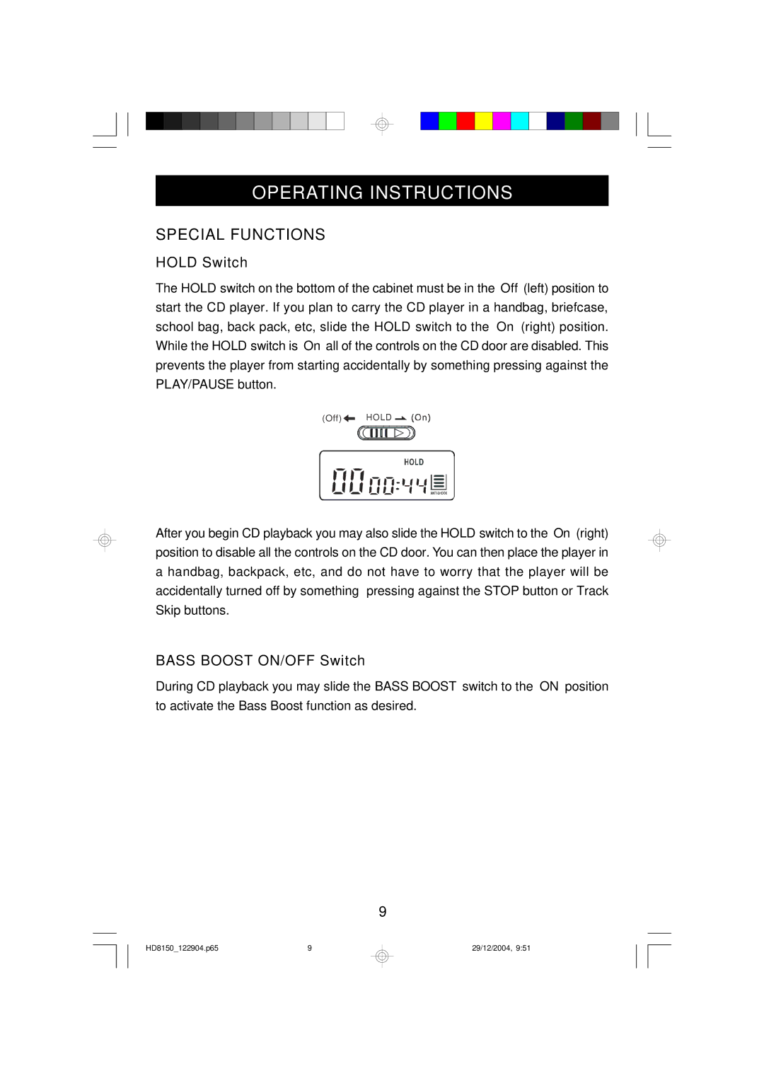 Emerson HD8150BL owner manual Operating Instructions, Special Functions, Hold Switch, Bass Boost ON/OFF Switch 