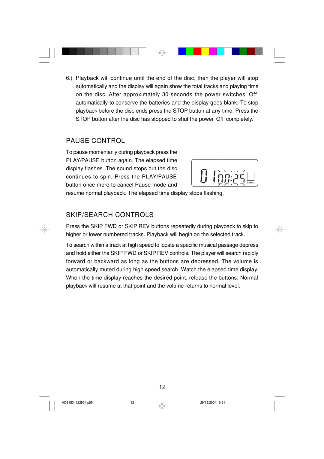 Emerson HD8150BL owner manual Pause Control, SKIP/SEARCH Controls 