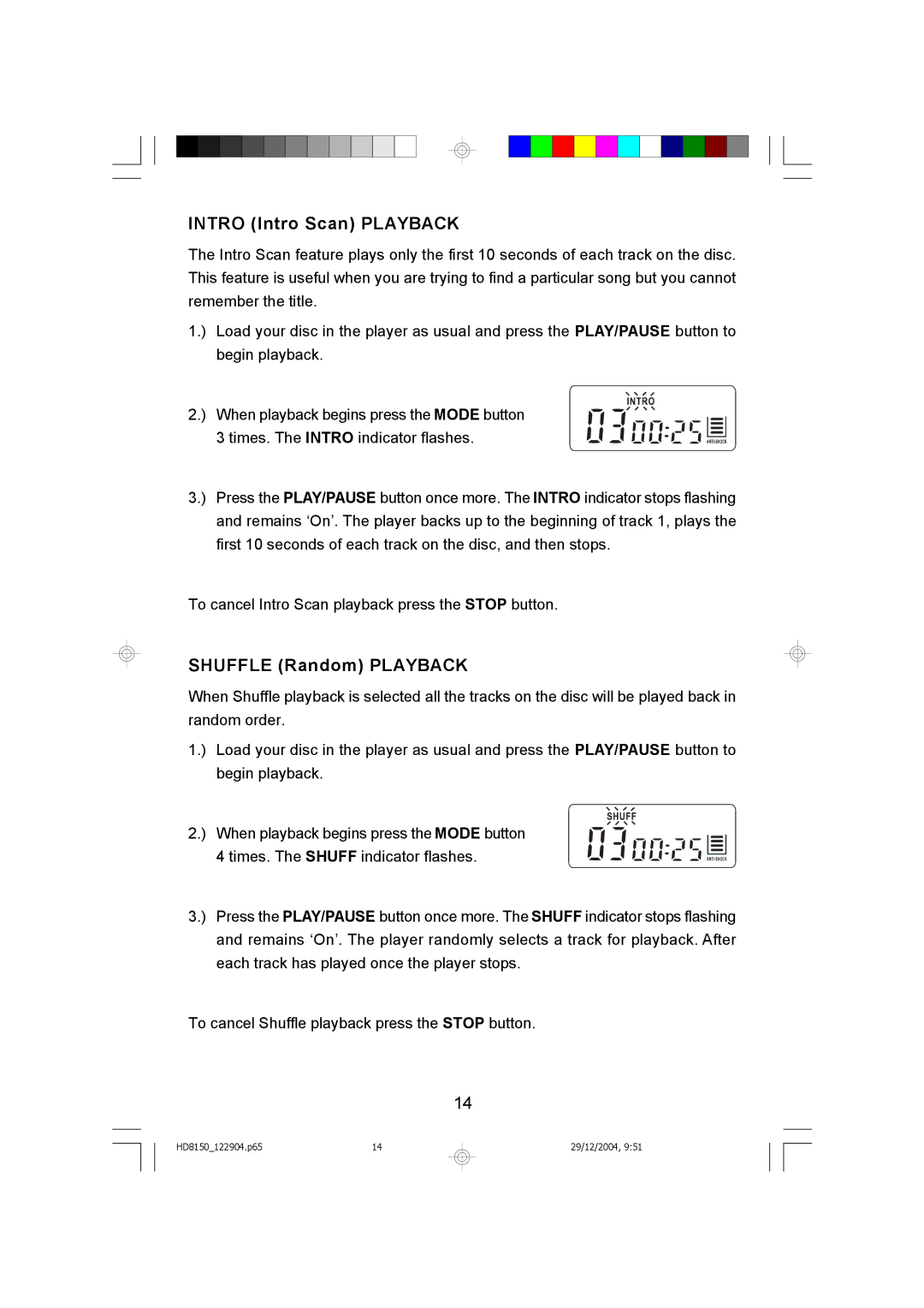 Emerson HD8150BL owner manual Intro Intro Scan Playback, Shuffle Random Playback 