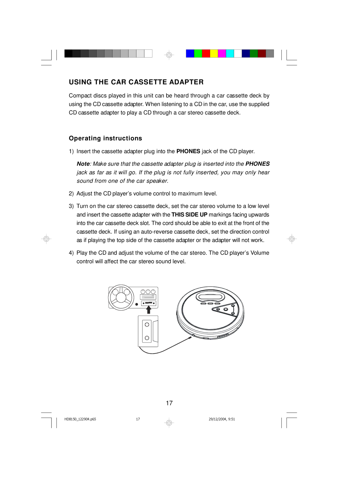 Emerson HD8150BL owner manual Using the CAR Cassette Adapter, Operating instructions 