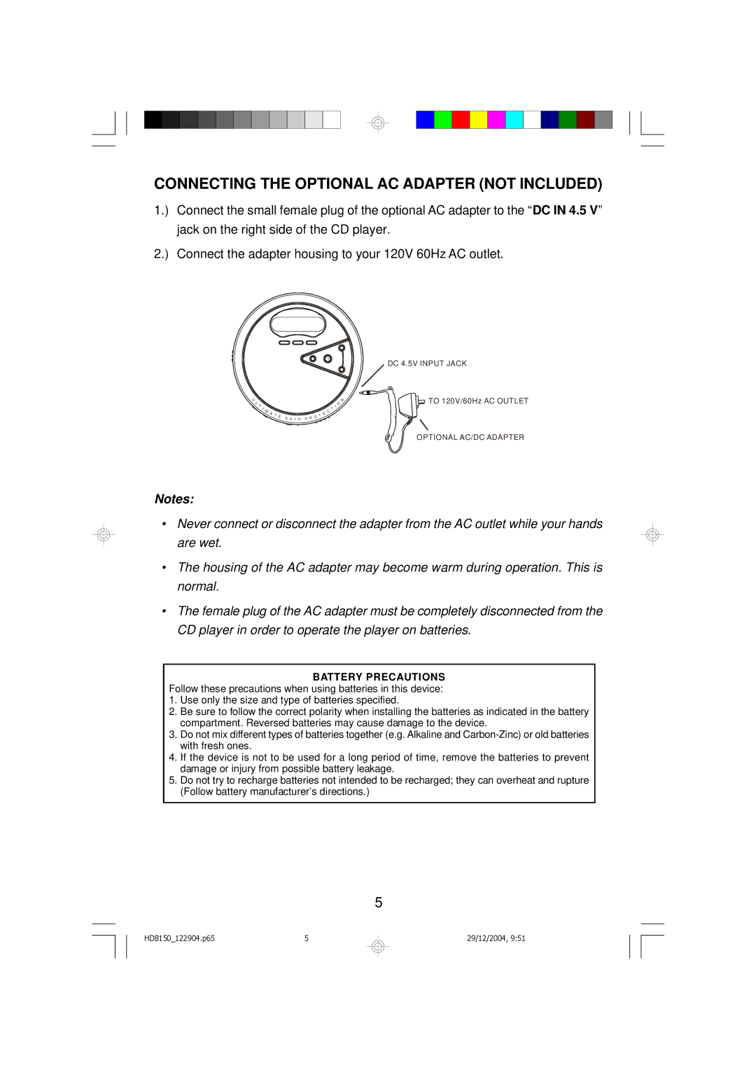 Emerson HD8150BL owner manual Connecting the Optional AC Adapter not Included, Battery Precautions 