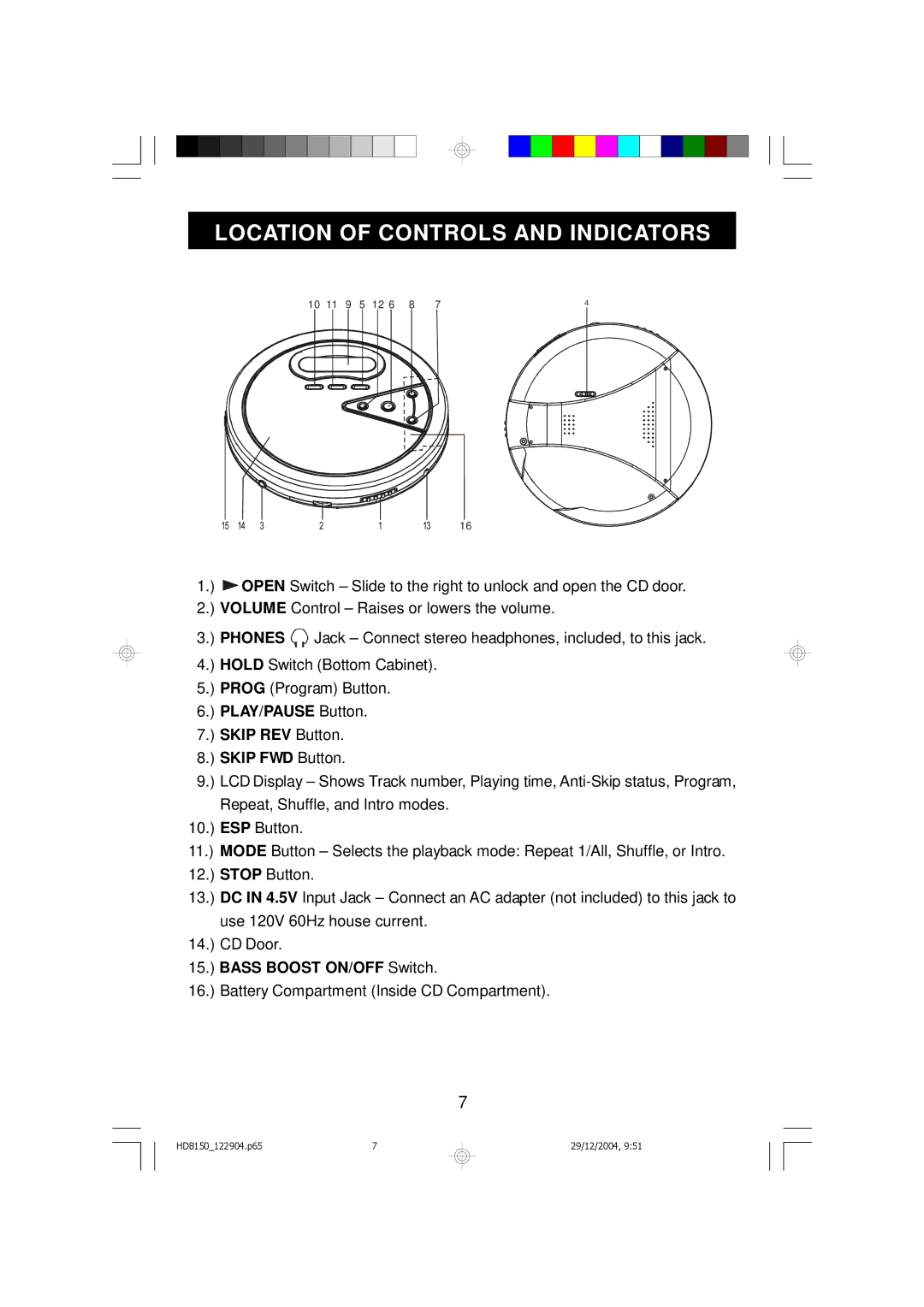 Emerson HD8150BL owner manual Location of Controls and Indicators 