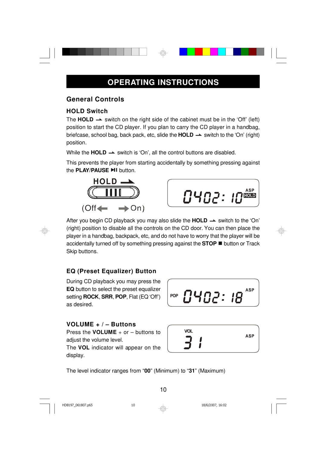 Emerson HD8197BL Operating Instructions, General Controls, Hold Switch, EQ Preset Equalizer Button, Volume + / Buttons 