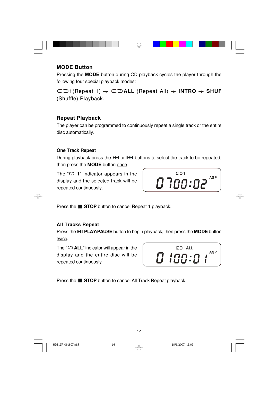 Emerson HD8197RD, HD8197BL owner manual Mode Button, Repeat Playback 