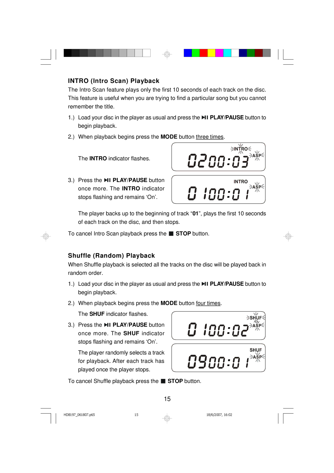 Emerson HD8197RD, HD8197BL owner manual Intro Intro Scan Playback, Shuffle Random Playback 