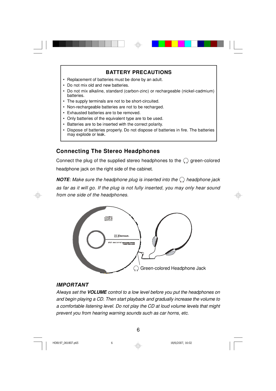 Emerson HD8197RD, HD8197BL owner manual Connecting The Stereo Headphones, Battery Precautions 