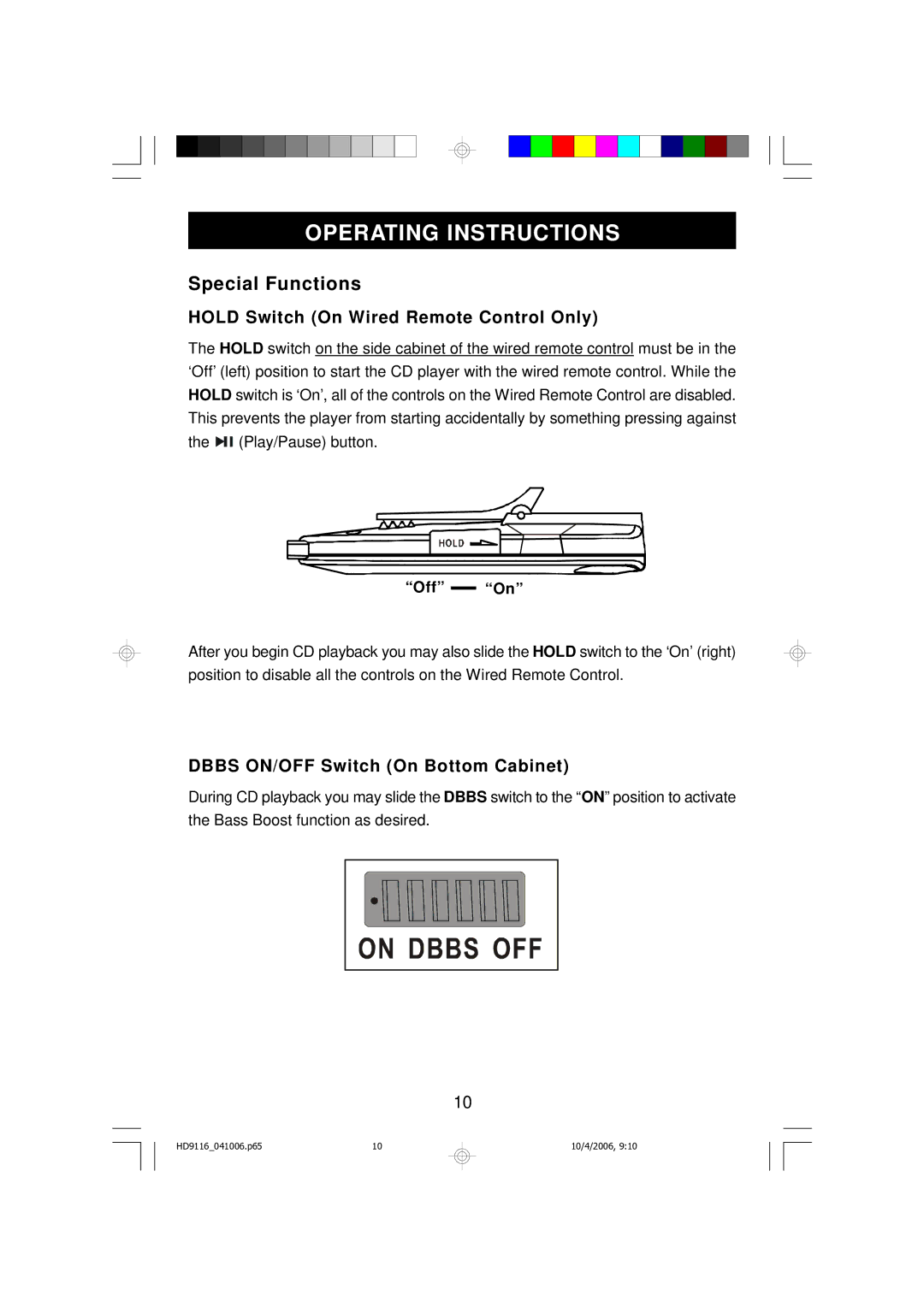 Emerson HD9116 owner manual Operating Instructions, Special Functions, Hold Switch On Wired Remote Control Only 