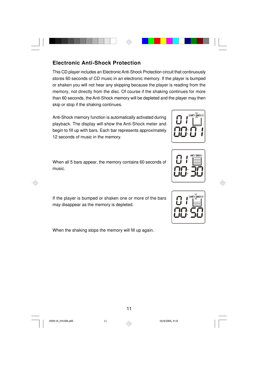 Emerson HD9116 owner manual Electronic Anti-Shock Protection 