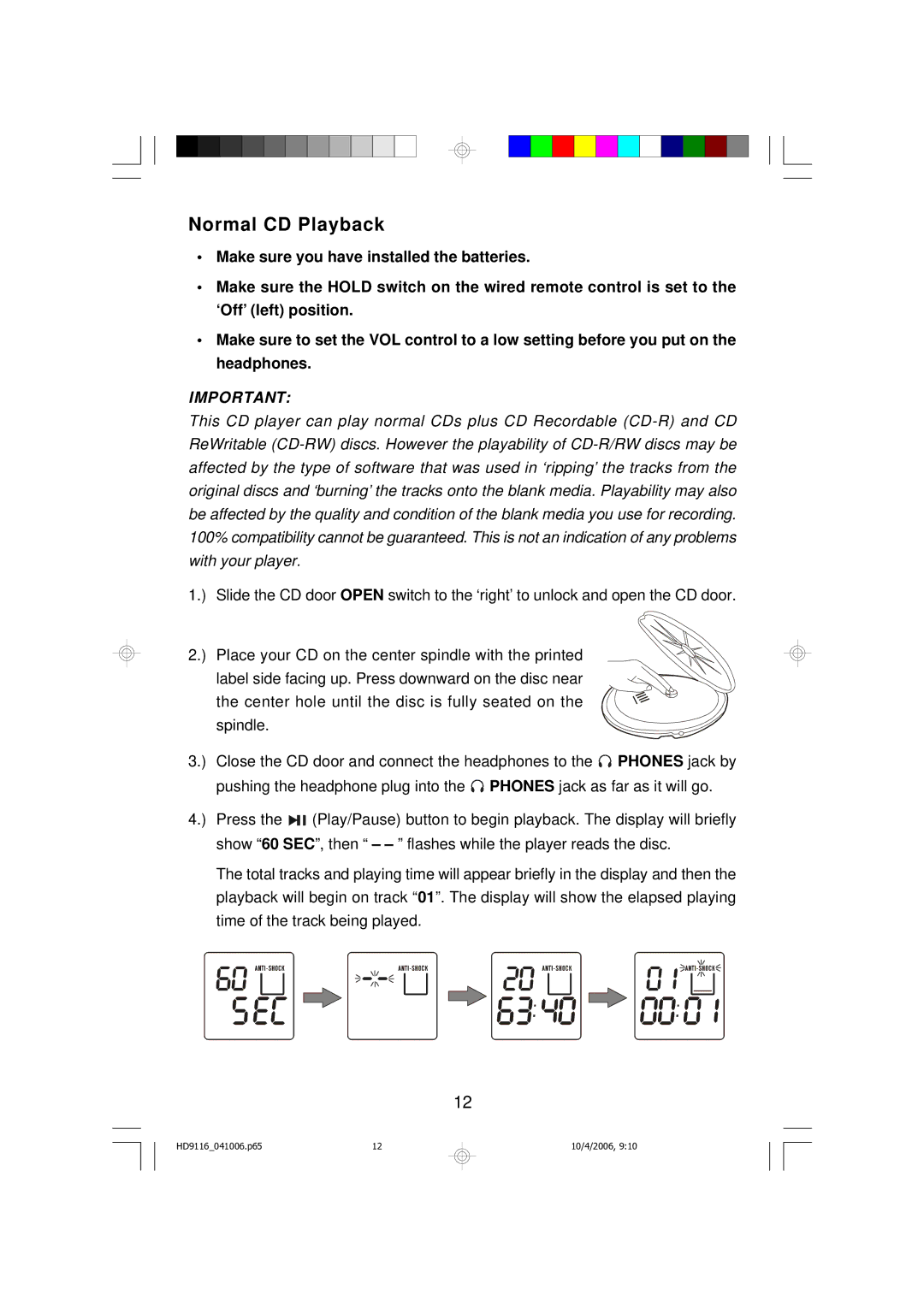 Emerson HD9116 owner manual Normal CD Playback 