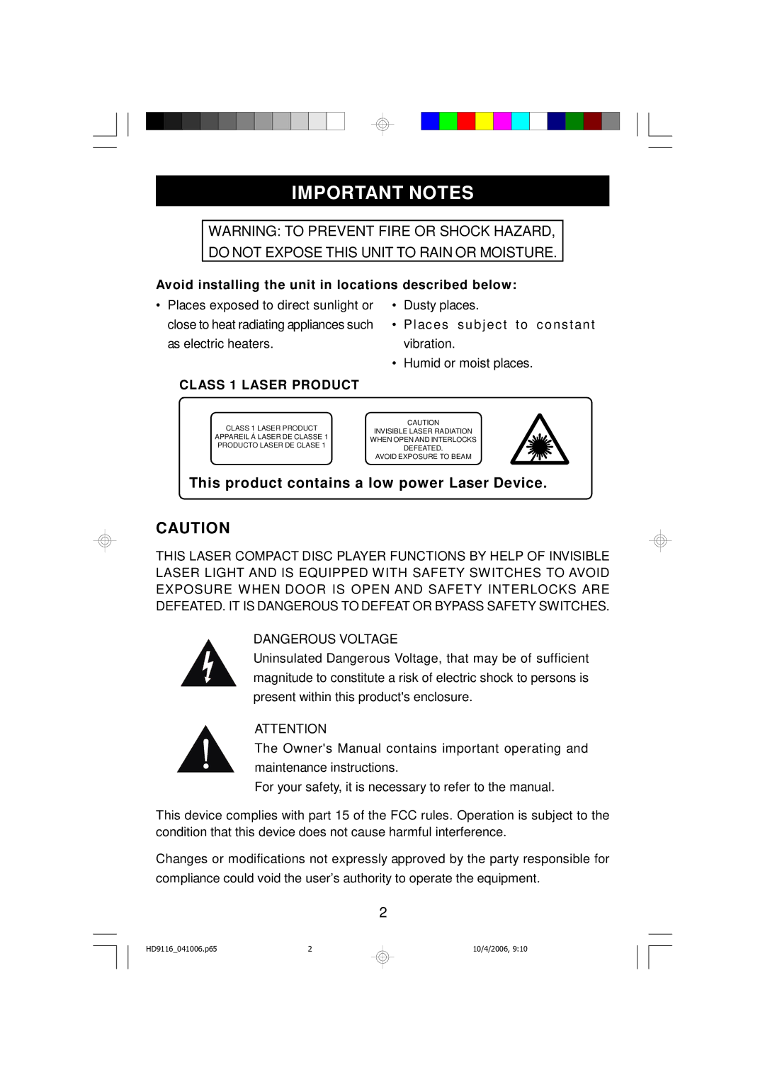 Emerson HD9116 owner manual Important Notes, This product contains a low power Laser Device 