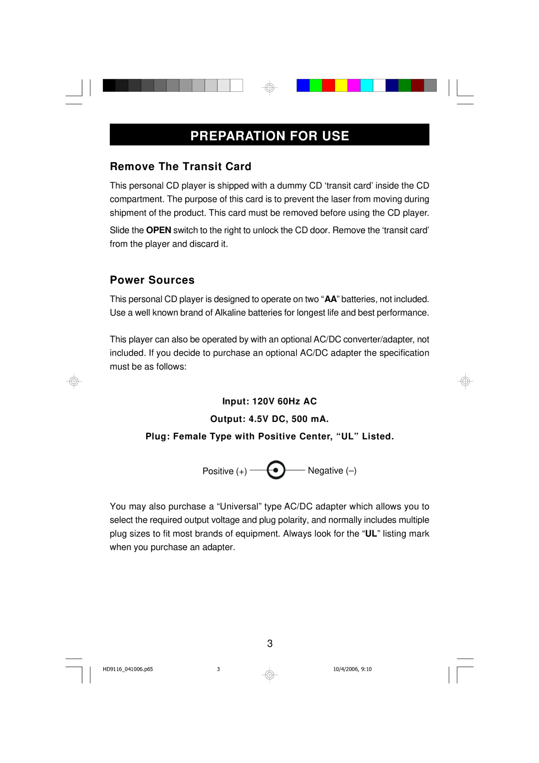 Emerson HD9116 owner manual Preparation for USE, Remove The Transit Card, Power Sources 