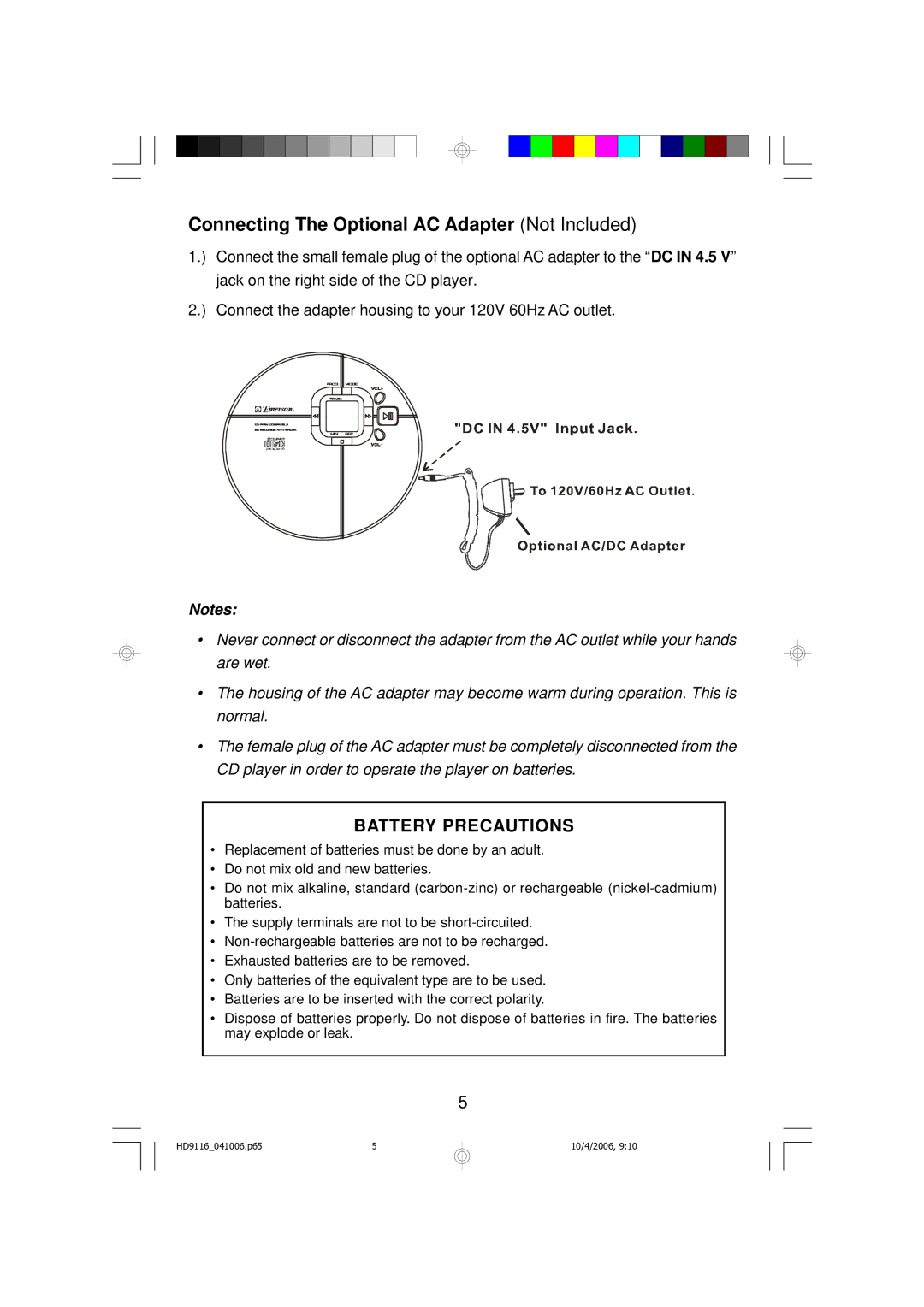 Emerson HD9116 owner manual Connecting The Optional AC Adapter Not Included, Battery Precautions 