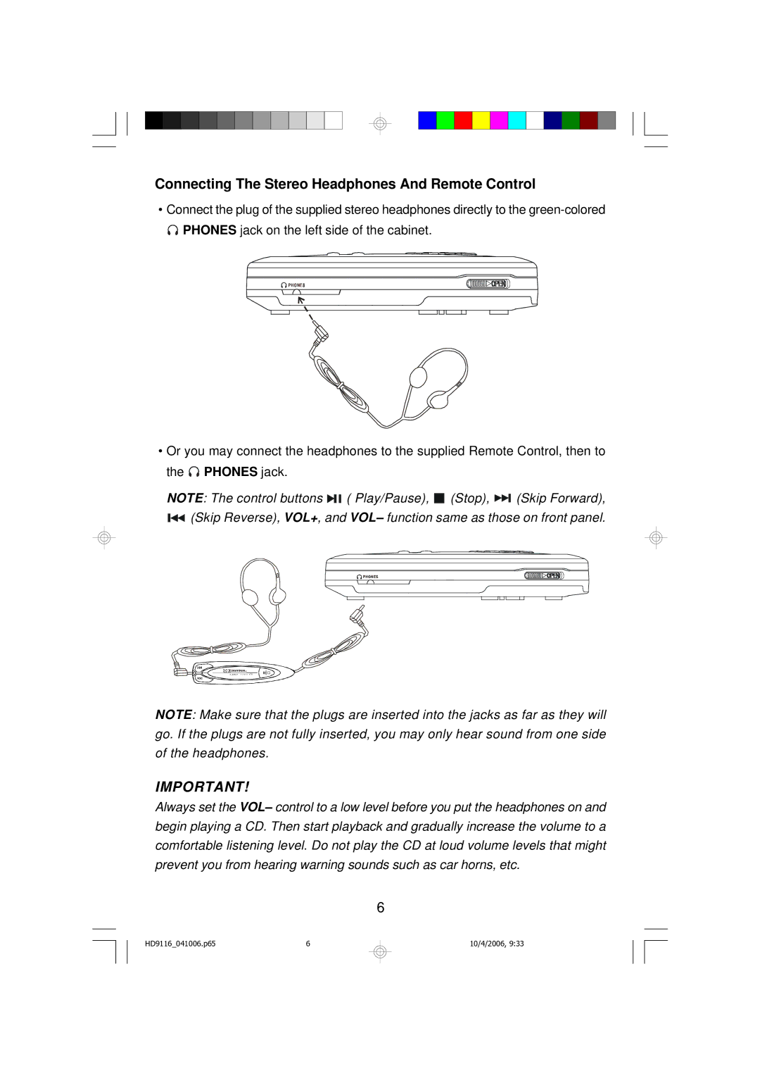 Emerson HD9116 owner manual Connecting The Stereo Headphones And Remote Control 