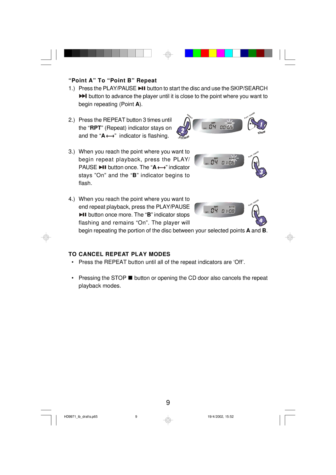 Emerson HD9971 owner manual Point a To Point B Repeat, To Cancel Repeat Play Modes 