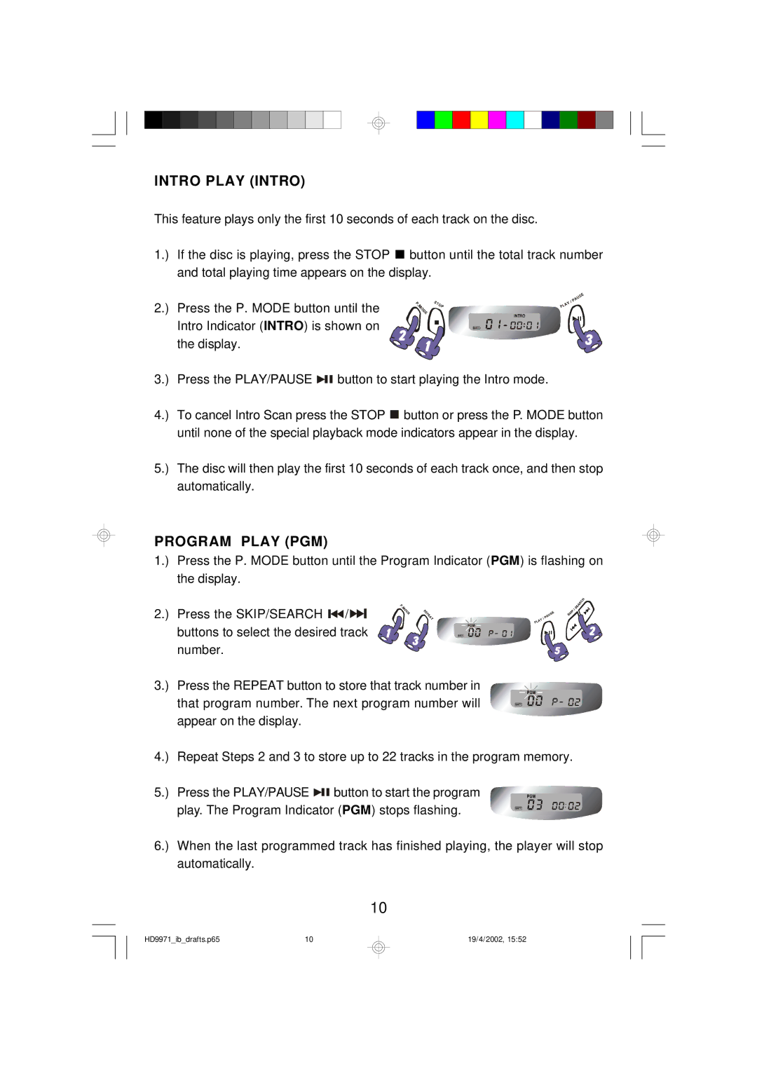 Emerson HD9971 owner manual Intro Play Intro, Program Play PGM 