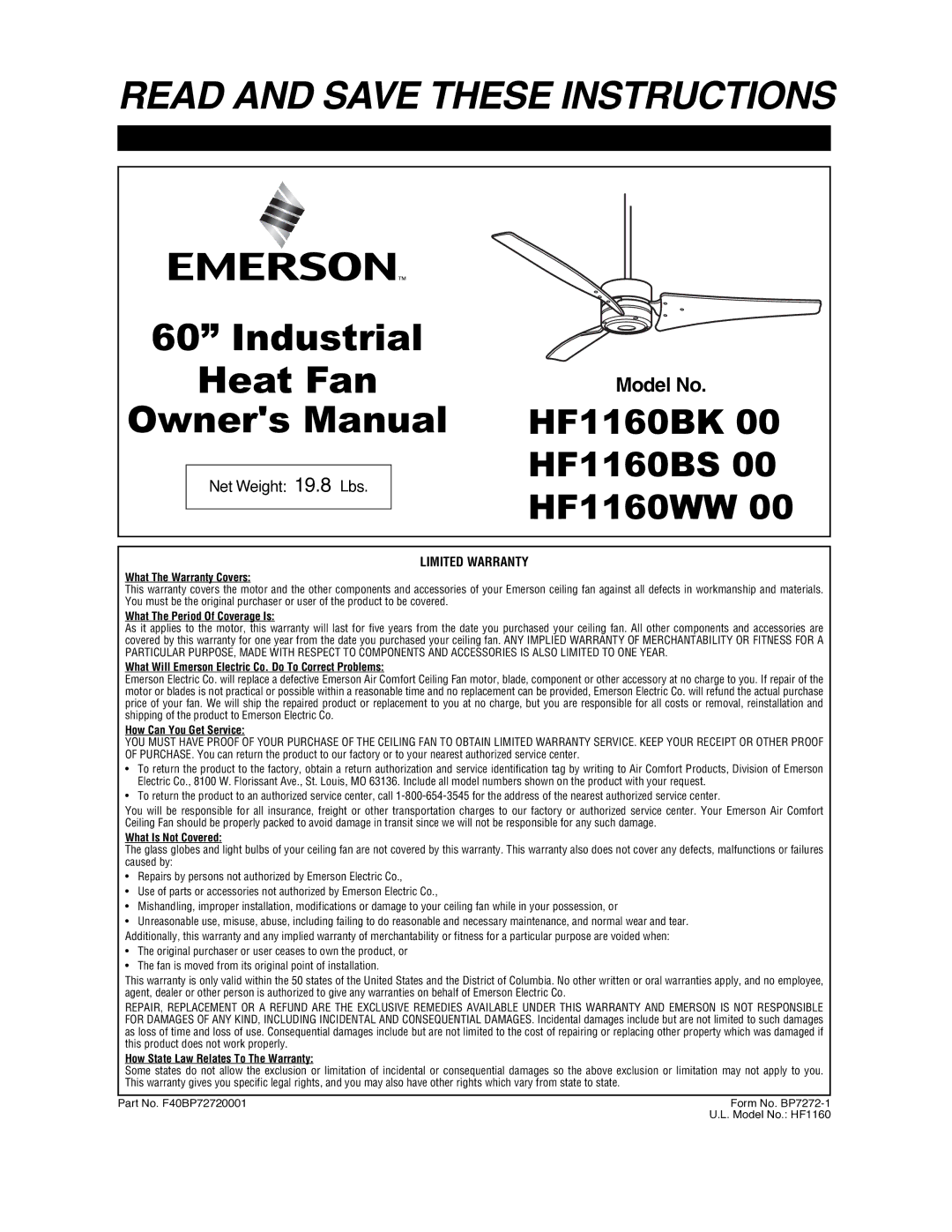 Emerson HF1160WW 00, HF1160BS 00, HF1160BK 00 warranty Read and Save These Instructions, Model No 