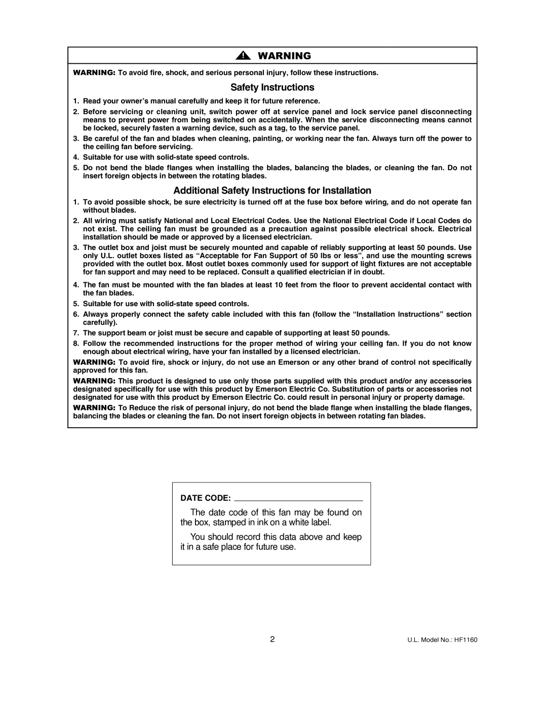 Emerson HF1160BK 00, HF1160BS 00, HF1160WW 00 warranty Safety Instructions, Date Code 