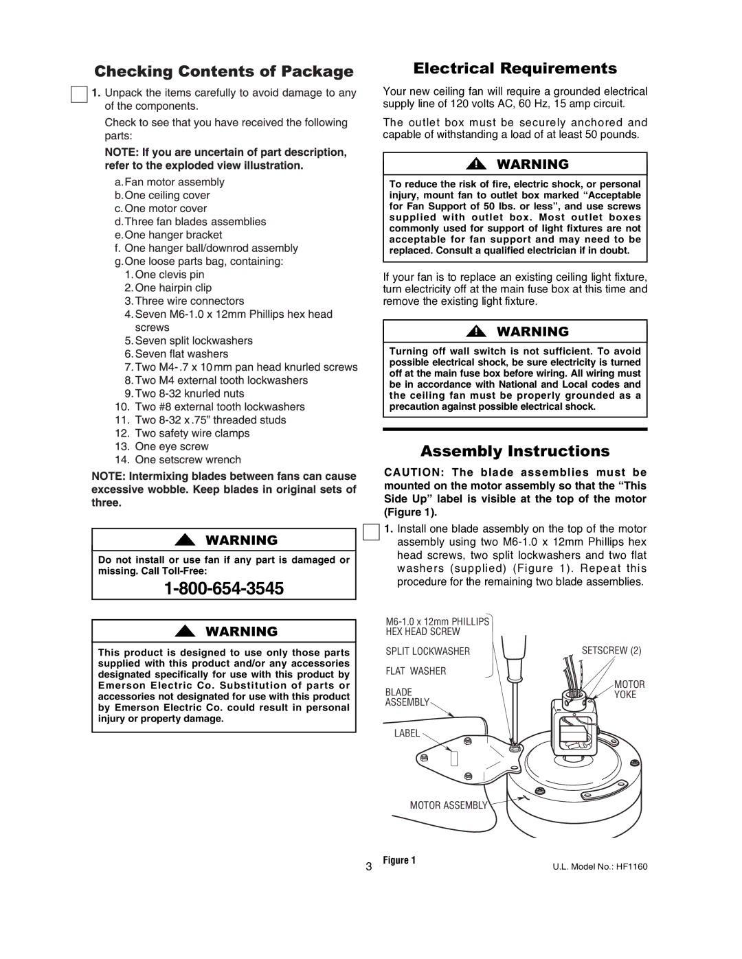 Emerson HF1160BS 00, HF1160WW 00, HF1160BK 00 warranty Electrical Requirements, Assembly Instructions 