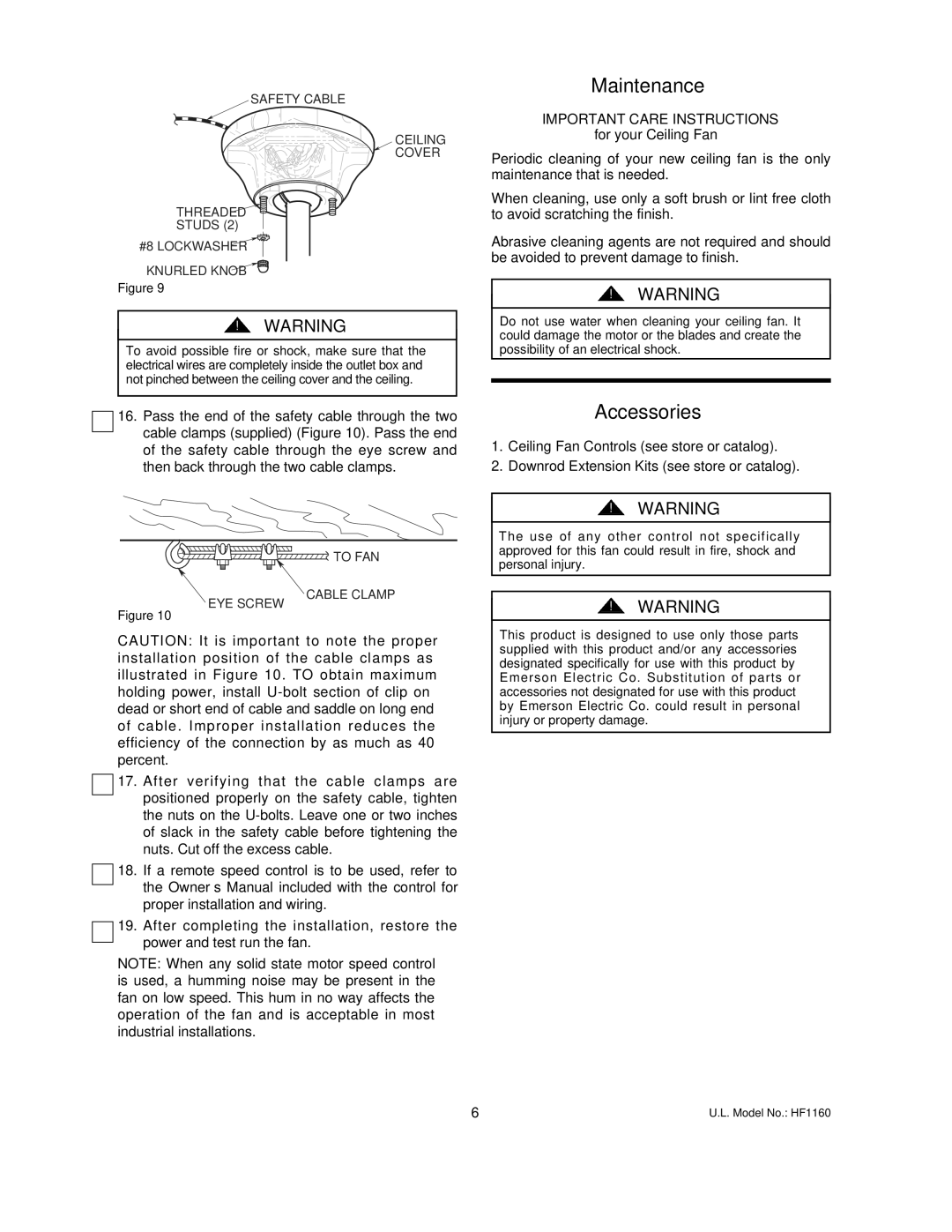 Emerson HF1160BS 00, HF1160WW 00, HF1160BK 00 Maintenance, Accessories, Important Care Instructions, For your Ceiling Fan 