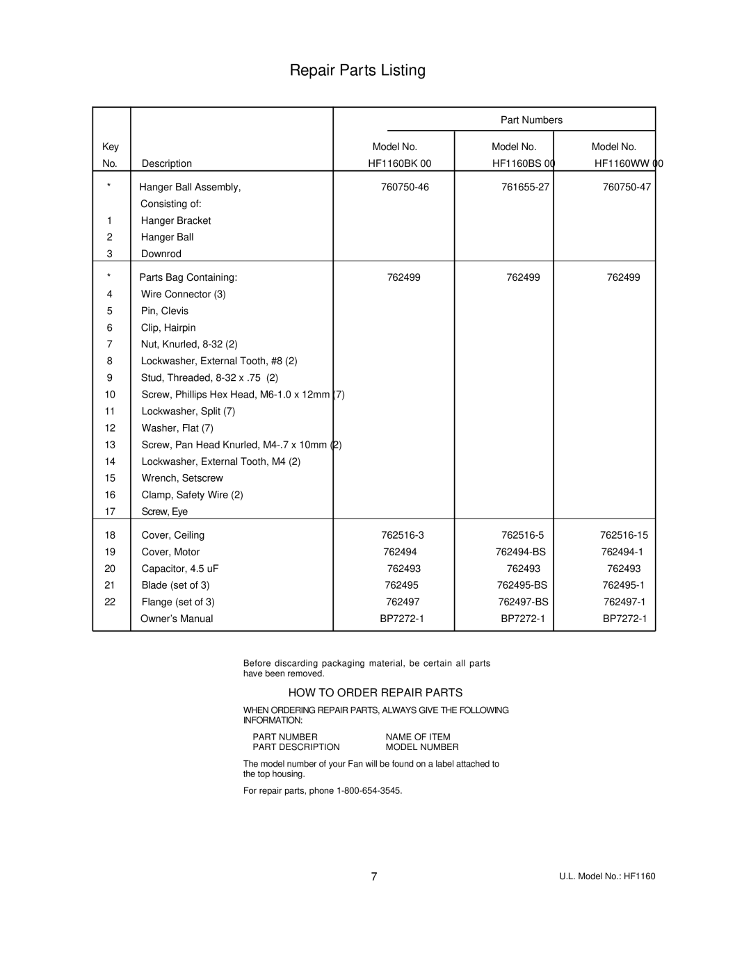 Emerson HF1160WW 00, HF1160BS 00, HF1160BK 00 warranty Repair Parts Listing, HOW to Order Repair Parts 