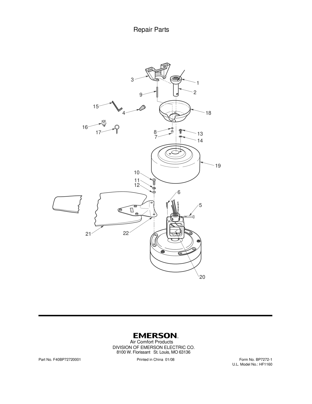 Emerson HF1160BK 00, HF1160BS 00, HF1160WW 00 warranty Air Comfort Products 