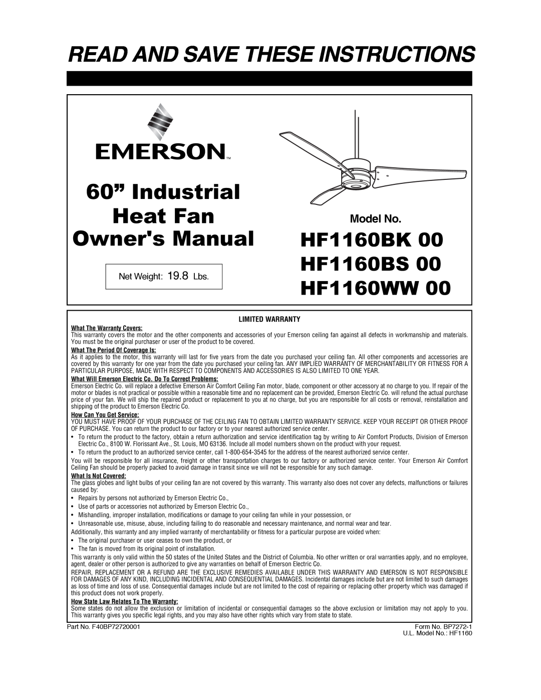 Emerson HF1160WW 00 warranty Read And Save These Instructions, 60” Industrial, Heat Fan, HF1160BK, HF1160BS, Model No 
