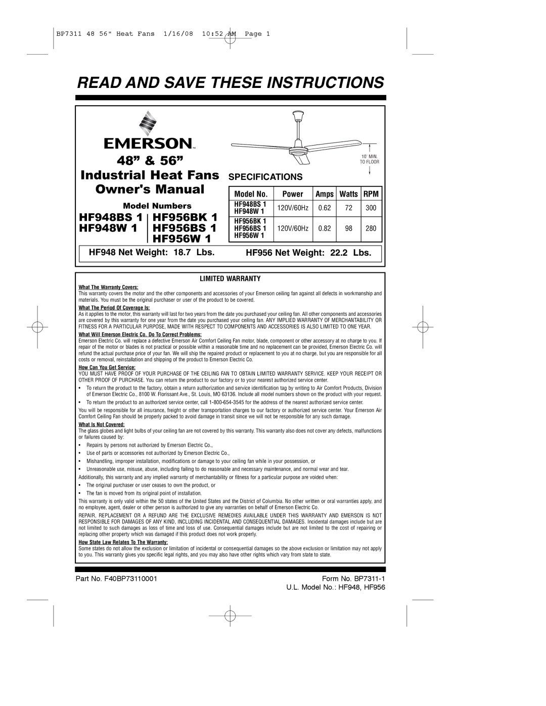 Emerson specifications HF948BS 1 HF956BK 1 HF948W 1 HF956BS 1 HF956W, Model No 