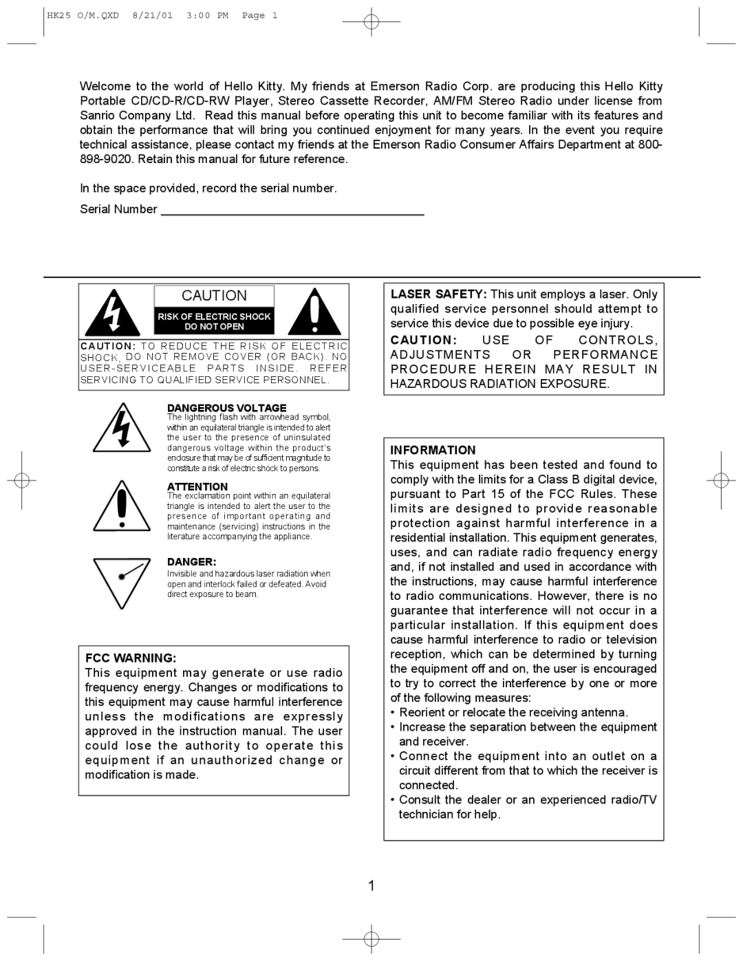 Emerson HK25 user service FCC Warning 