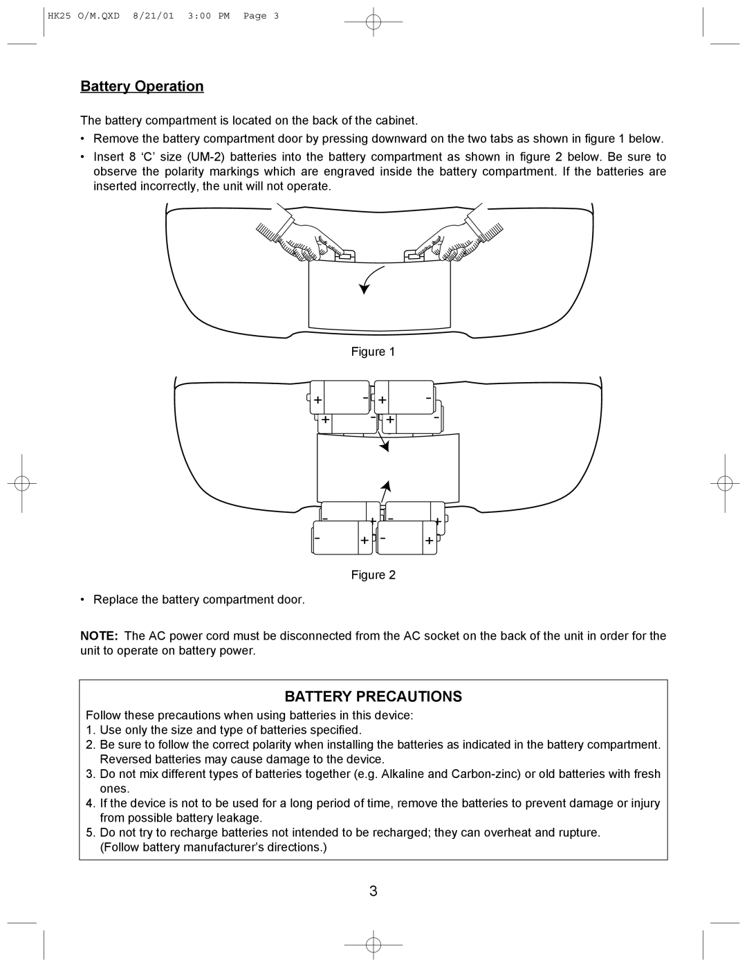 Emerson HK25 user service Battery Operation, Battery Precautions 