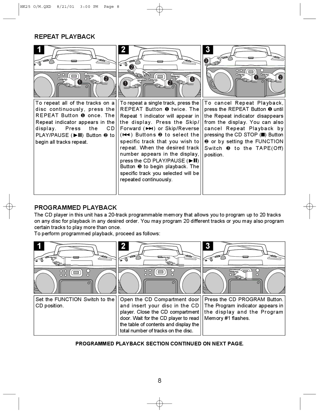 Emerson HK25 user service Repeat Playback, Programmed Playback 