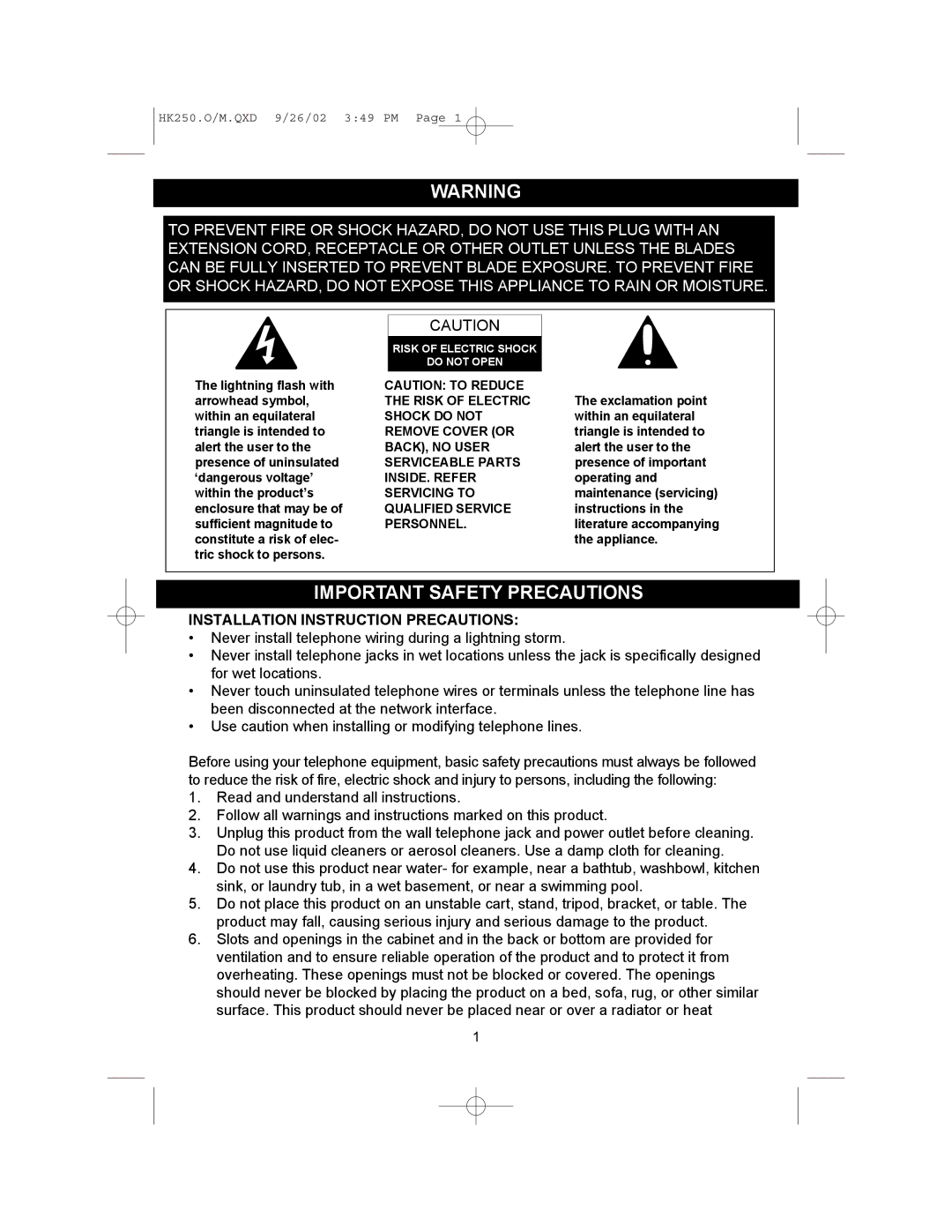 Emerson HK250 user service Important Safety Precautions, Installation Instruction Precautions 