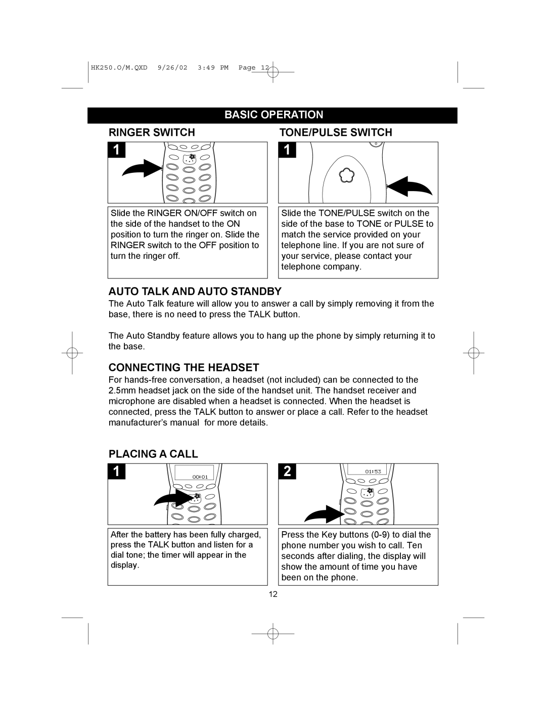 Emerson HK250 Basic Operation, Ringer Switch, Auto Talk and Auto Standby, Connecting the Headset, Placing a Call 