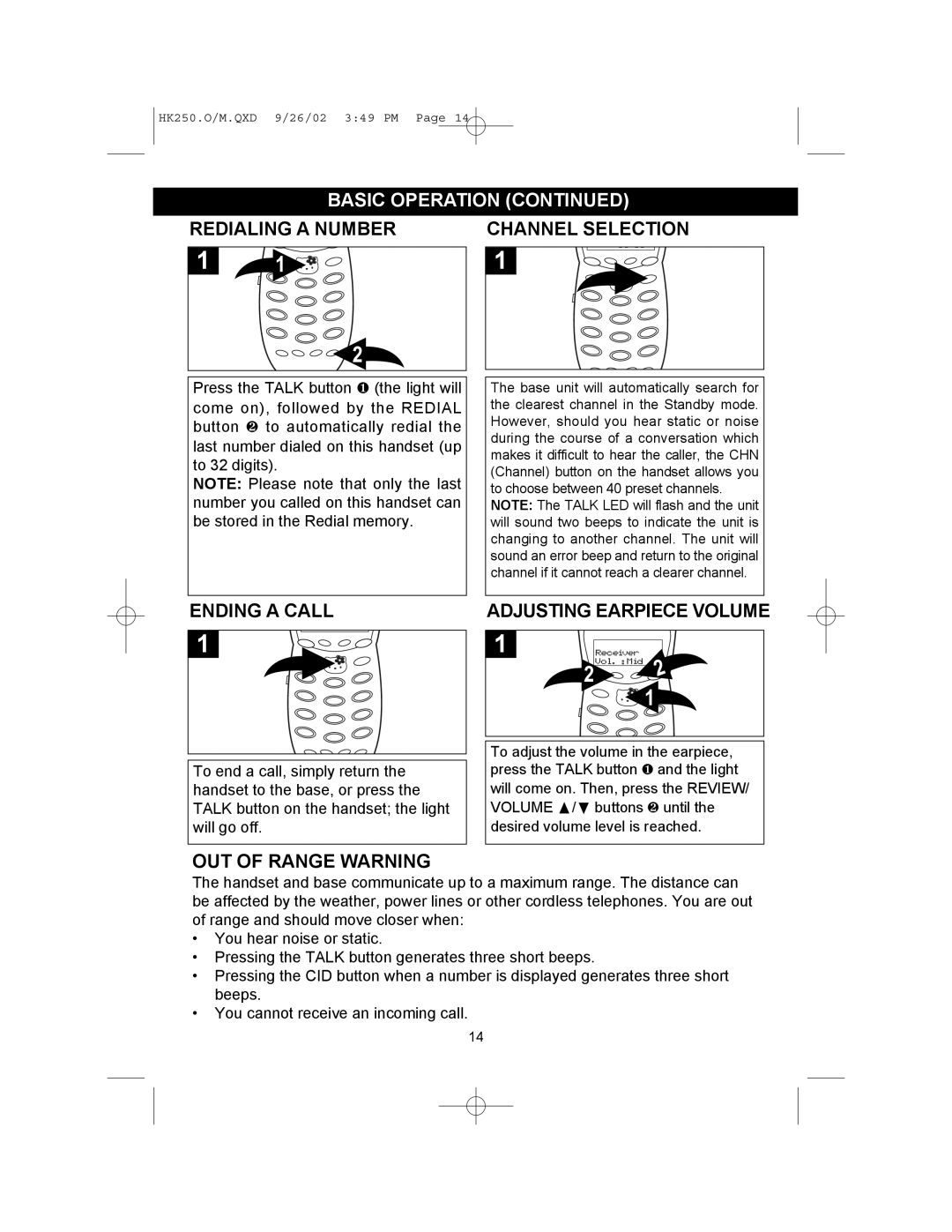 Emerson HK250 user service Redialing a Number, Ending a Call, Adjusting Earpiece Volume, OUT of Range Warning 