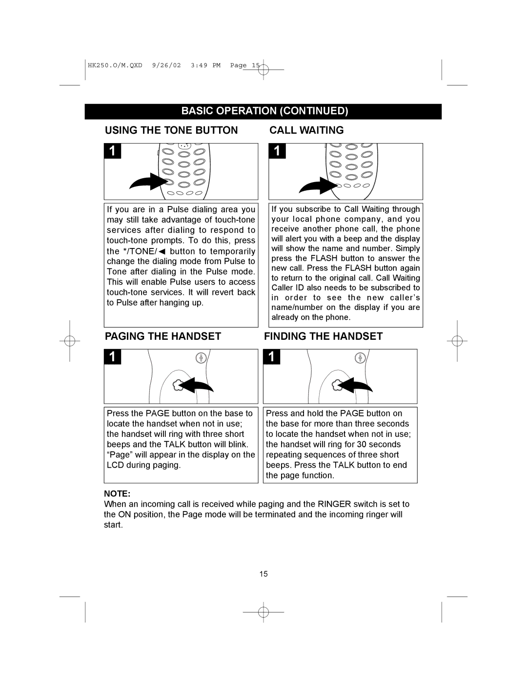 Emerson HK250 user service Using the Tone Button Call Waiting, Paging the Handset Finding the Handset 