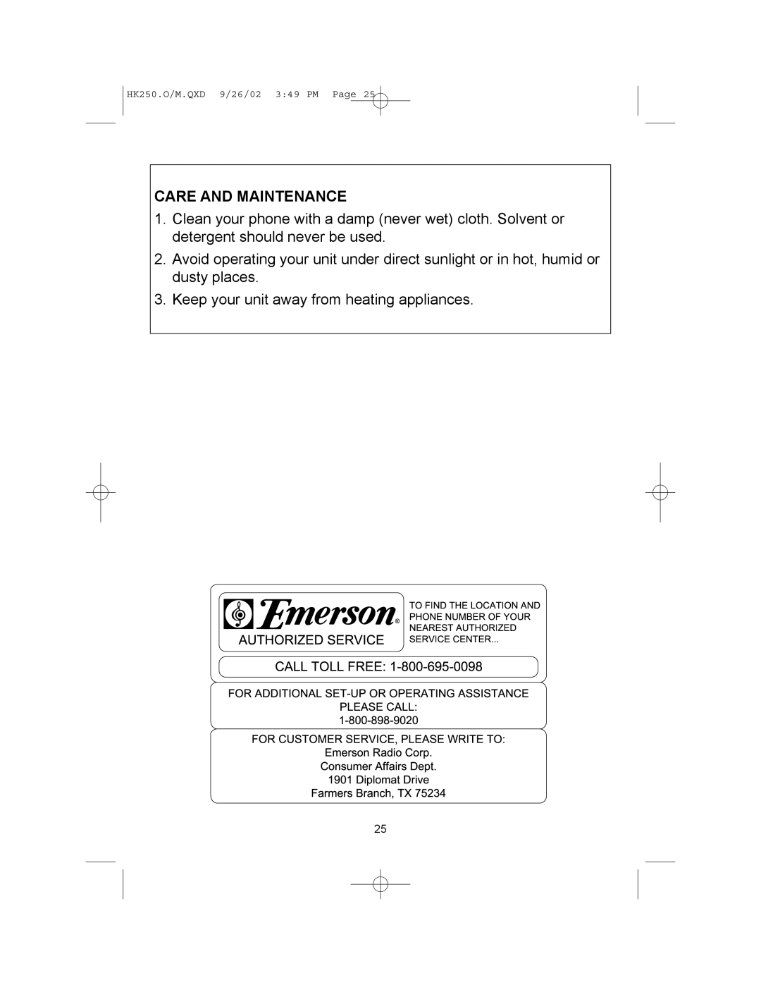 Emerson HK250 user service FarmersBranch,TX75234, Care and Maintenance 