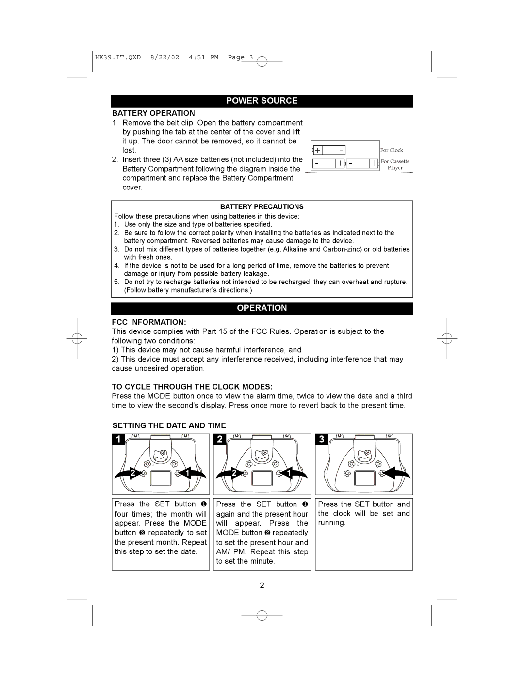 Emerson HK39 owner manual Power Source, Battery Operation, FCC Information, To Cycle Through the Clock Modes 