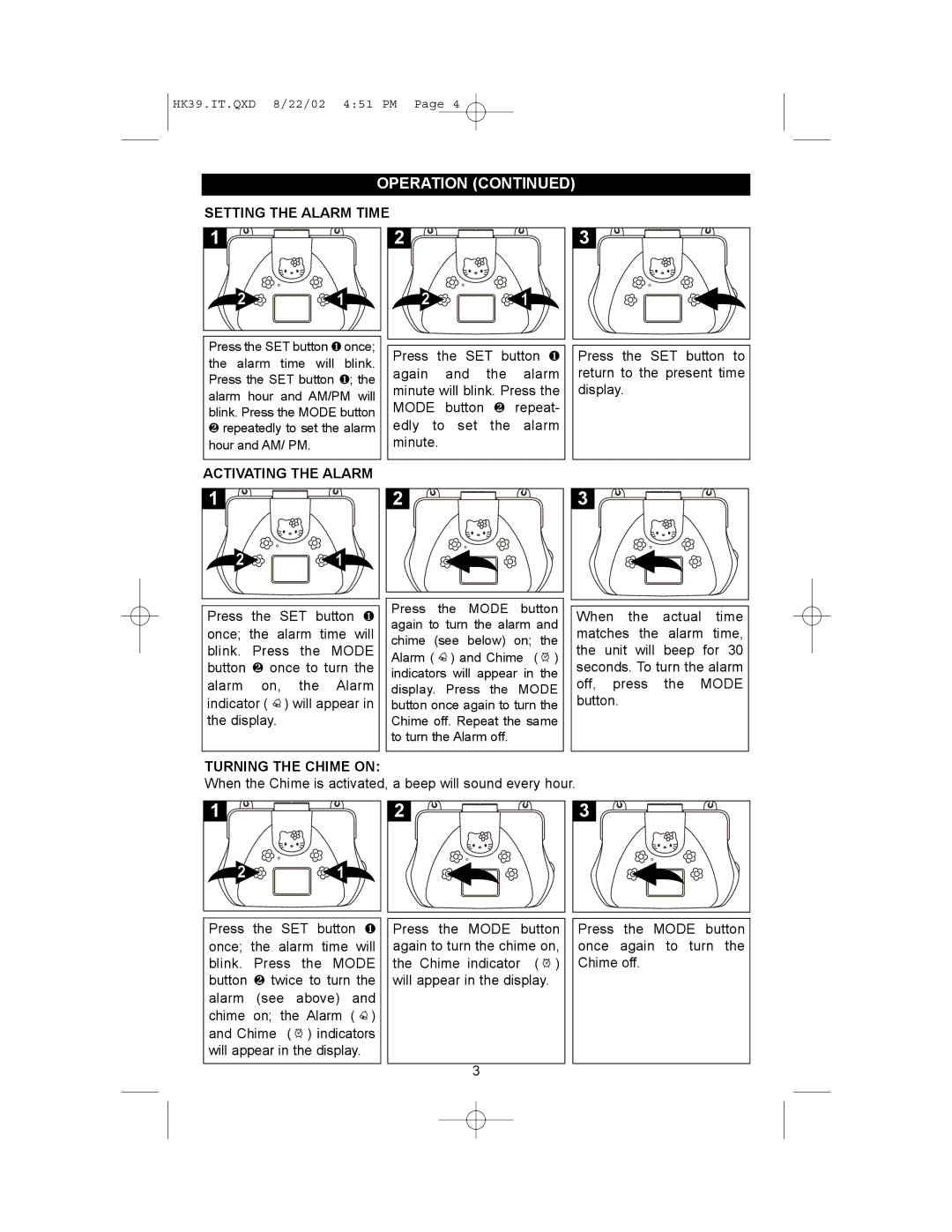 Emerson HK39 owner manual Setting the Alarm Time, Activating the Alarm, Turning the Chime on 