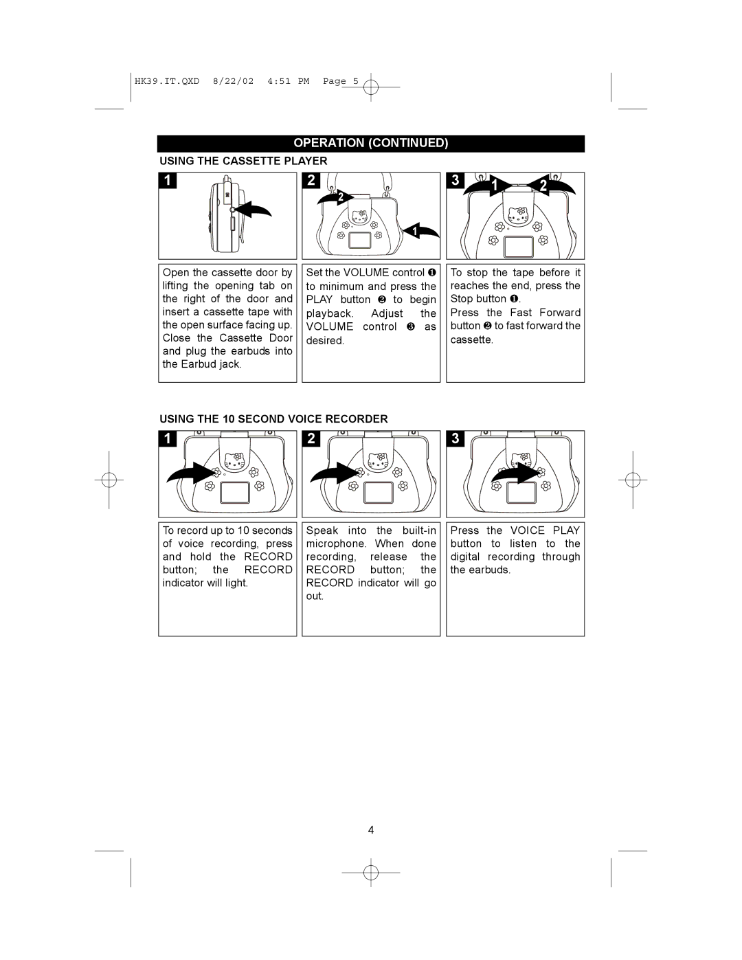 Emerson HK39 owner manual Using the Cassette Player, Using the 10 Second Voice Recorder 