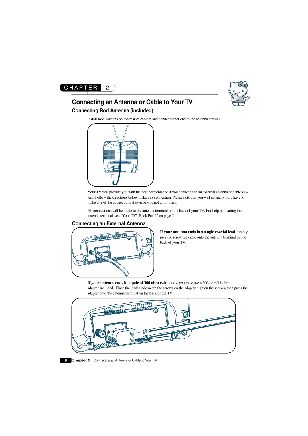 Emerson HKTV13 Connecting an Antenna or Cable to Your TV, Connecting Rod Antenna included, Connecting an External Antenna 